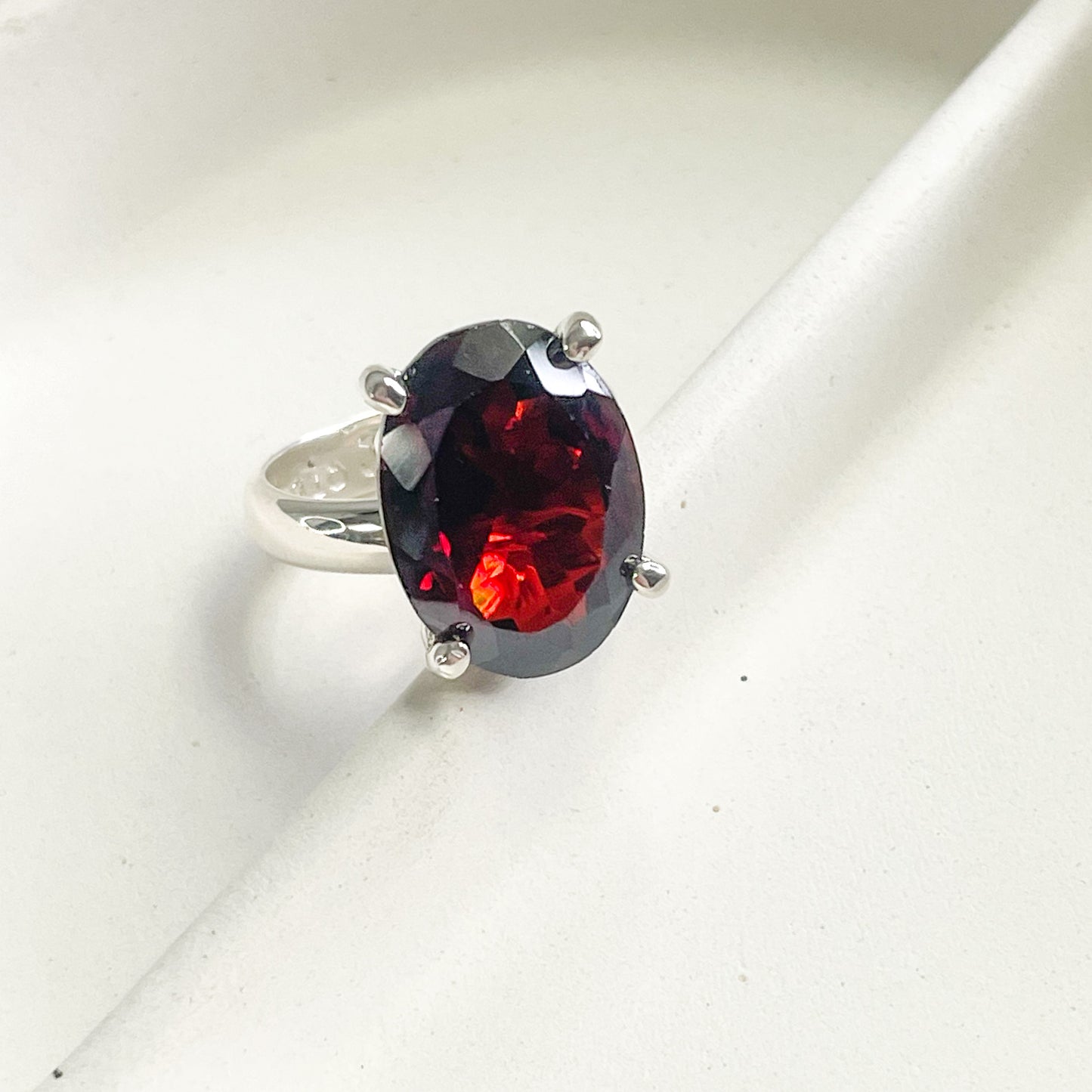 Oval Garnet Nano Glass Prong Ring - Solid Sterling Silver