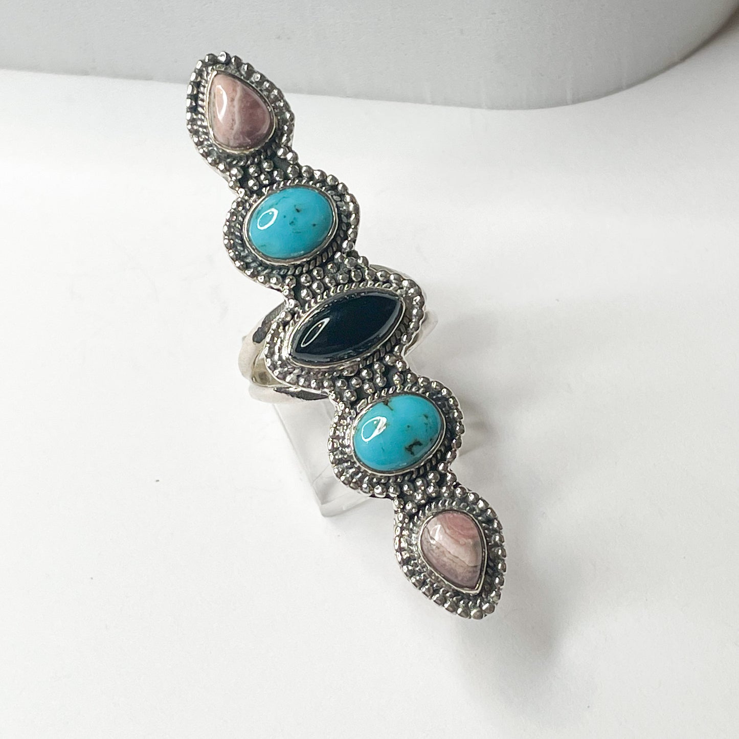 Black onyx, Turquoise & Rhodochrosite Crawler Ring - Solid Sterling Silver