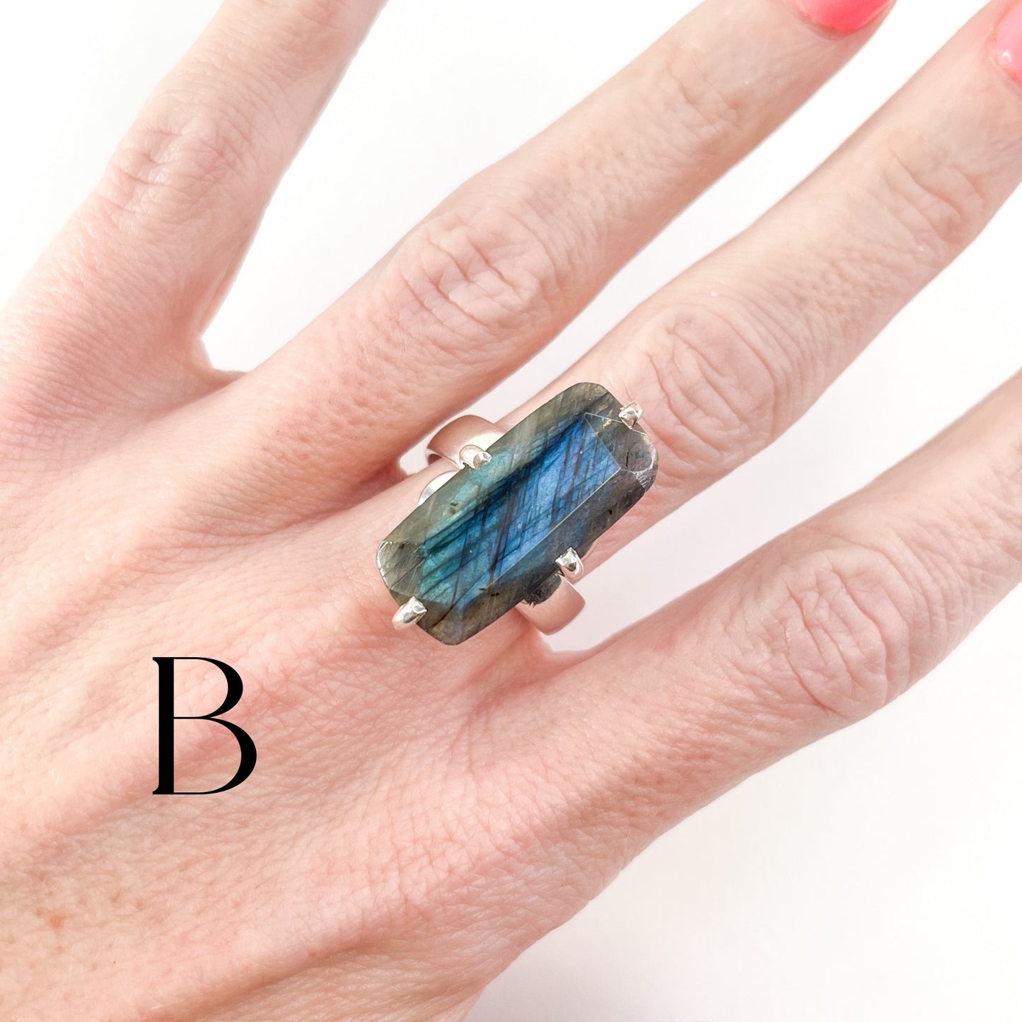 Labradorite Rectangle Prong Ring - Solid Sterling Silver