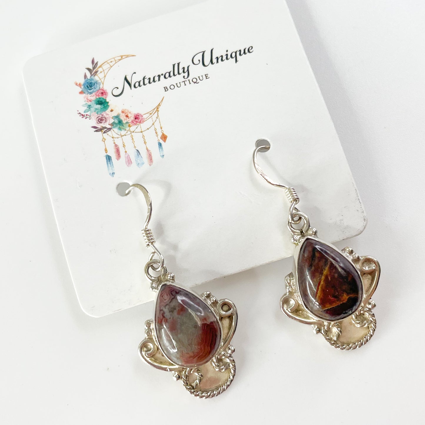 Red Lace Agate Earring - Solid Sterling Silver
