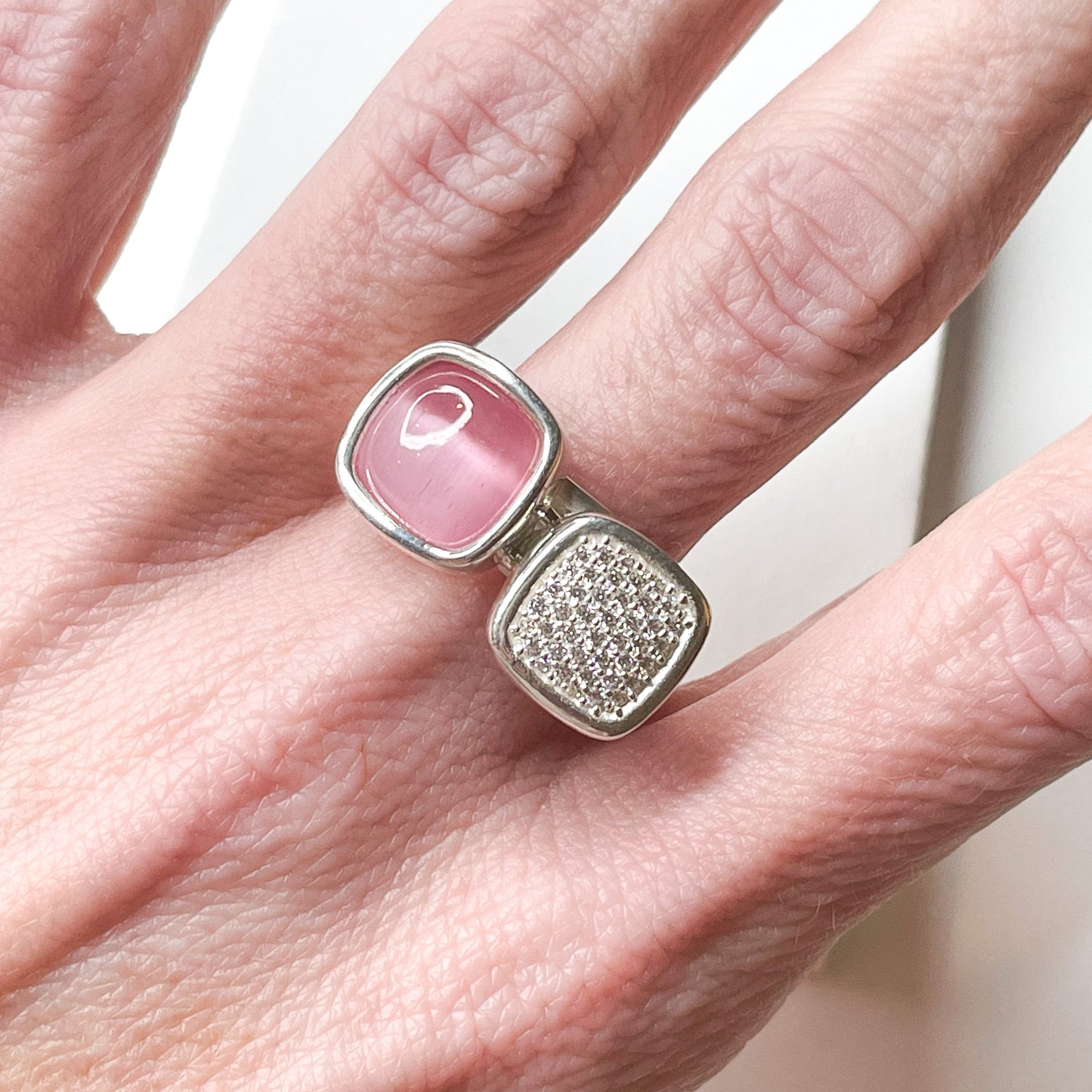 Cats Eye Jade & CZ Ring - Solid Sterling  Silver