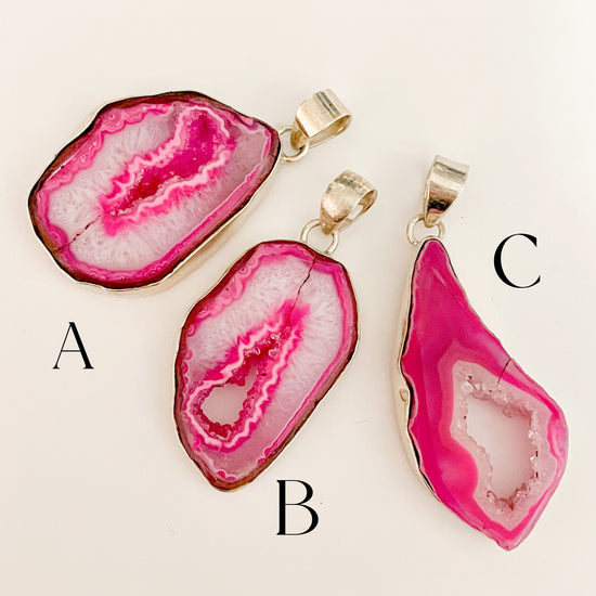 Pink Agate Druzy Pendant - Solid Sterling Silver