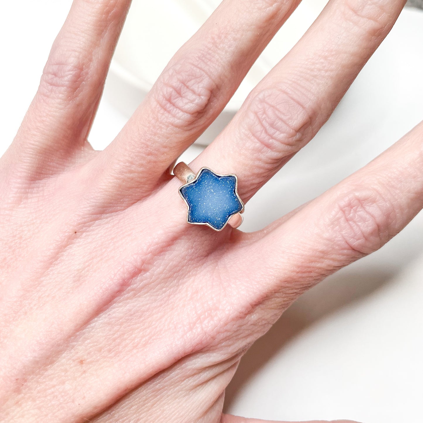 Blue Druzy Star Ring - Solid Sterling Silver