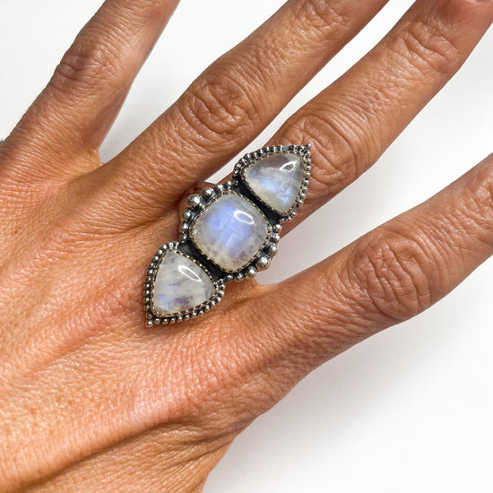 Load image into Gallery viewer, Rainbow MoonStone Crawler Ring - Solid Sterling Silver
