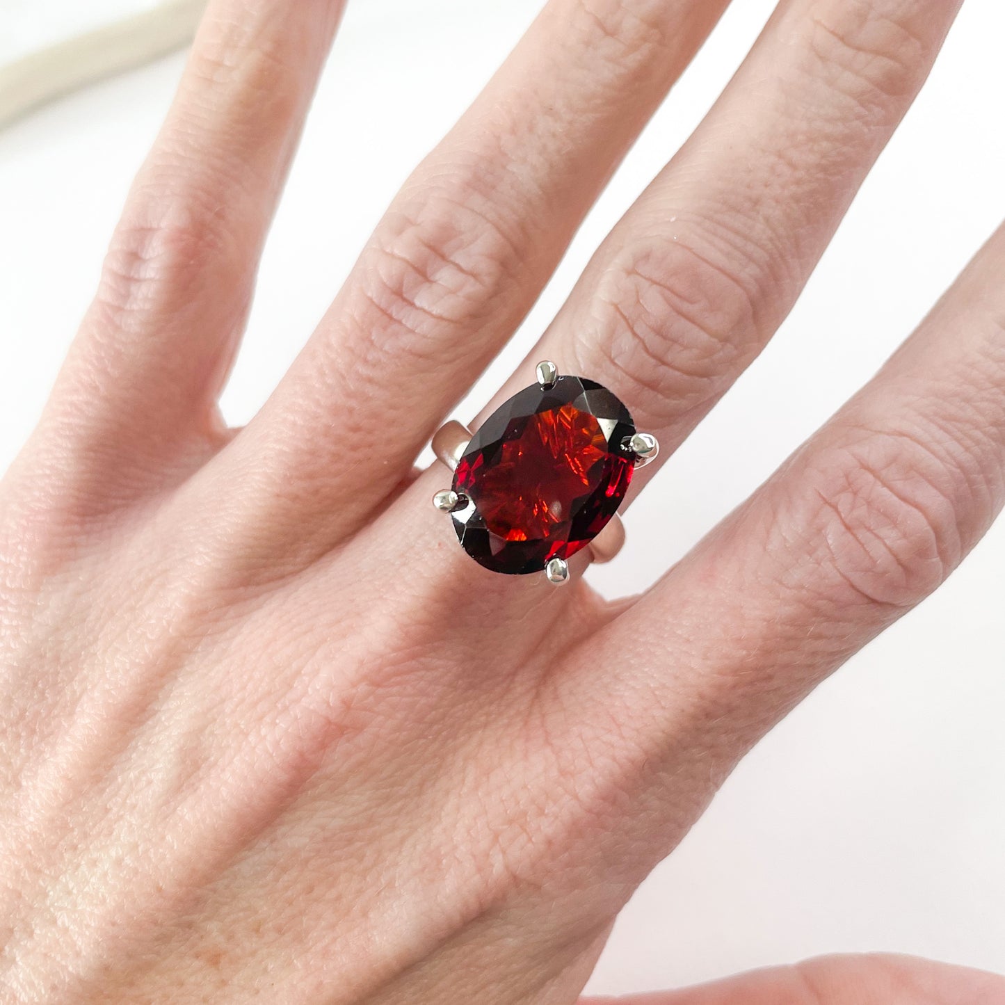 Oval Garnet Nano Glass Prong Ring - Solid Sterling Silver