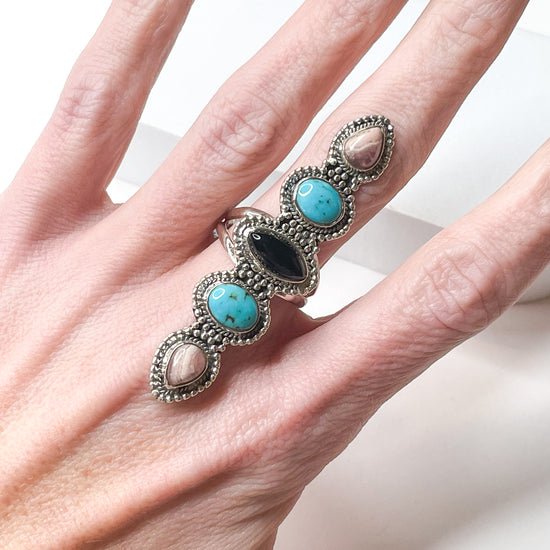 Black onyx, Turquoise & Rhodochrosite Crawler Ring - Solid Sterling Silver