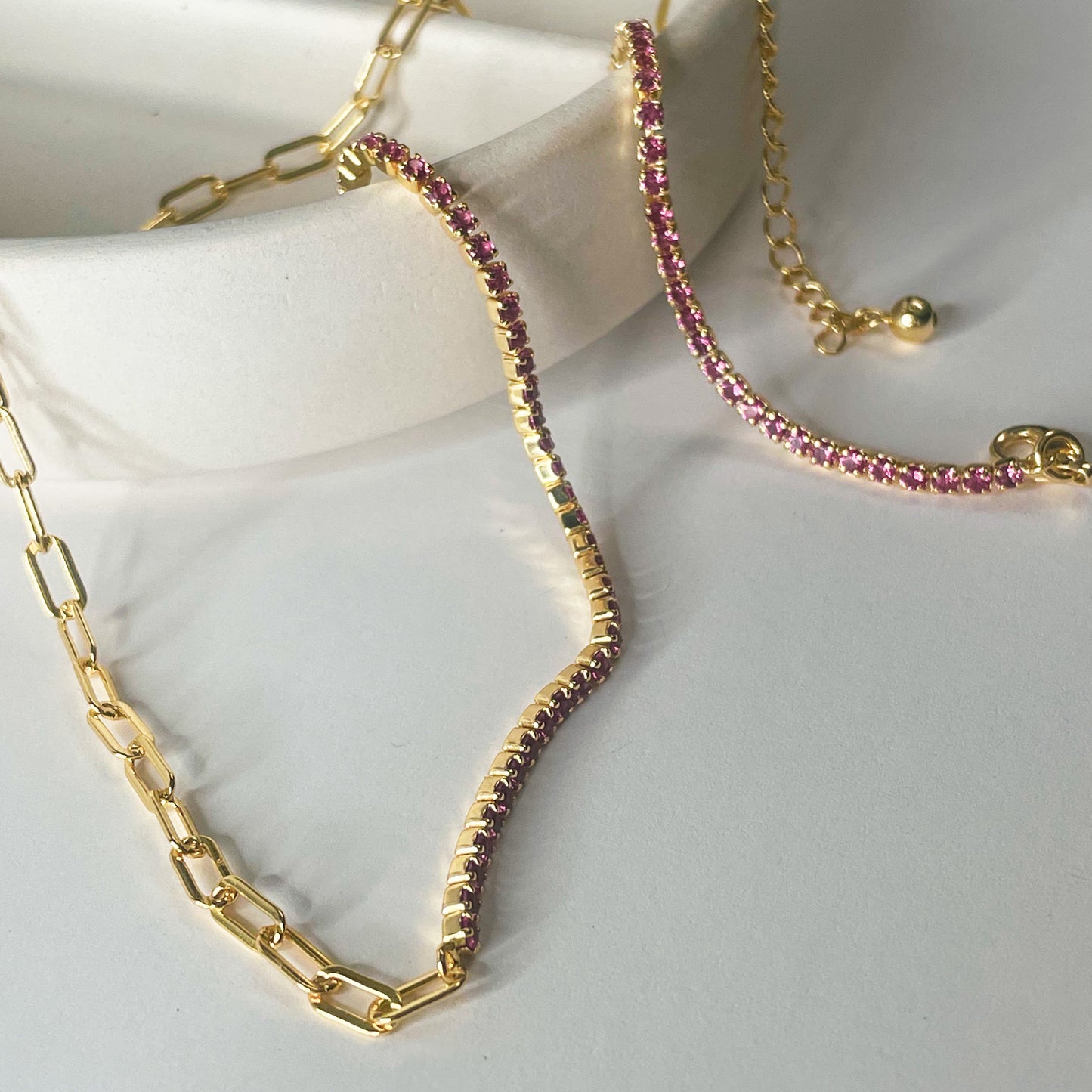 Half N Half Pink CZ Paperclip Necklace - Solid Sterling Silver