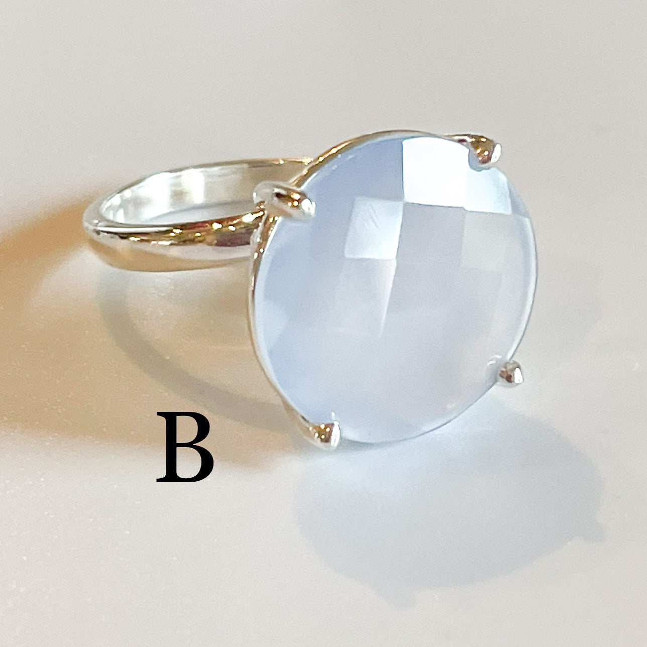 Blue Faceted Chalcedony Ring  - Solid Sterling Silver