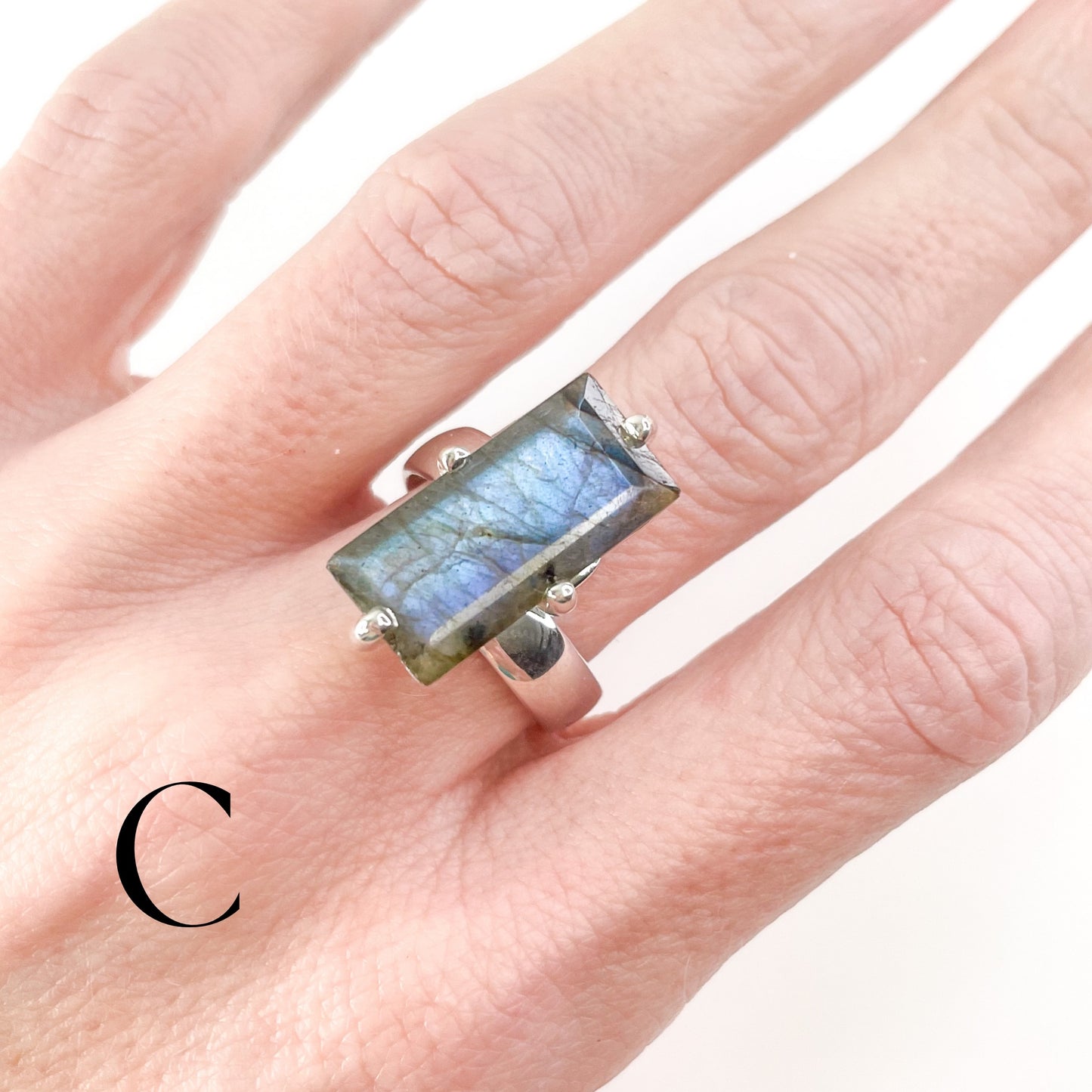 Labradorite Rectangle Prong Ring - Solid Sterling Silver