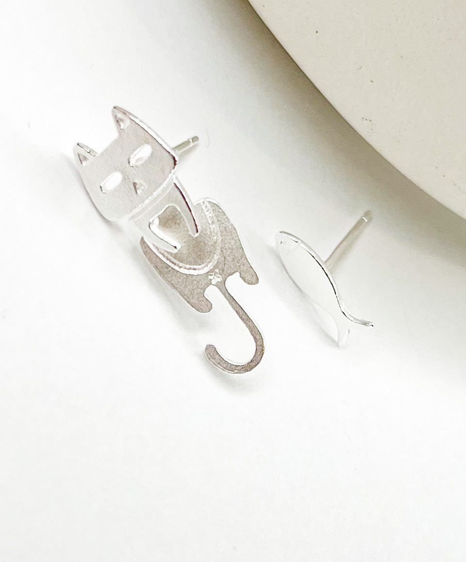 Black or Silver Cat & Fish Studs - Solid Sterling Silver