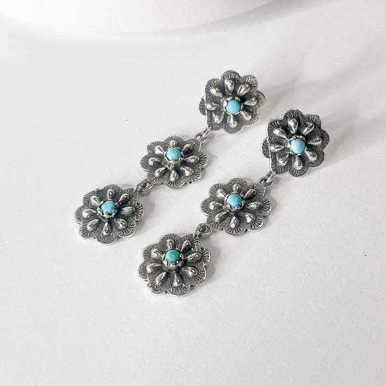 Load image into Gallery viewer, Tripple Flower Turquoise Dangles - Solid Sterling Silver
