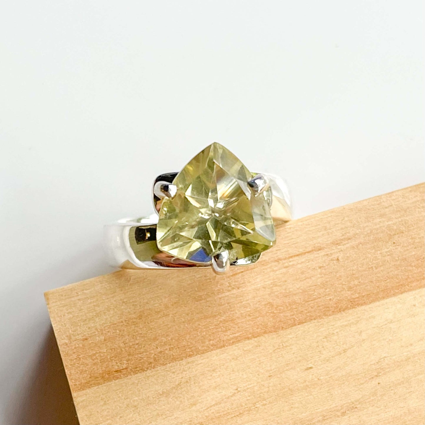 Trillion Lemon Quartz Prong Ring - Solid Sterling Silver