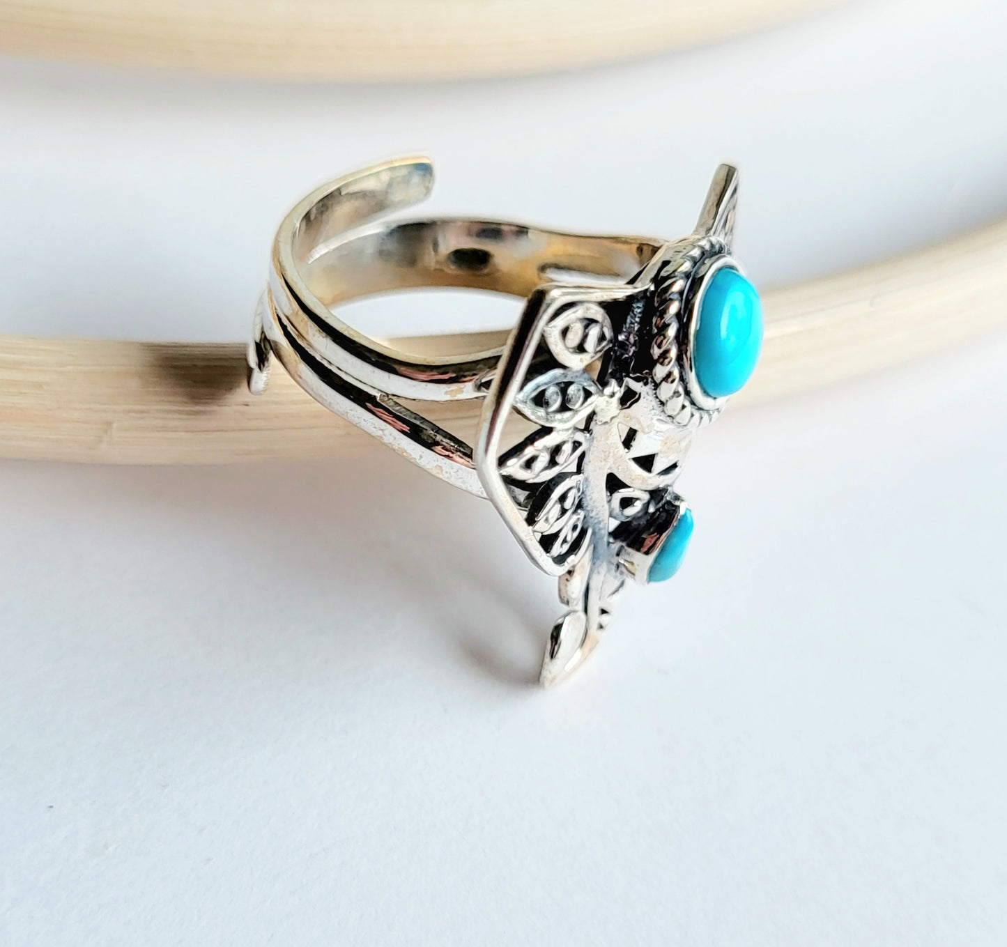 Turquoise Elephant Adjustable Ring - Solid Sterling Silver