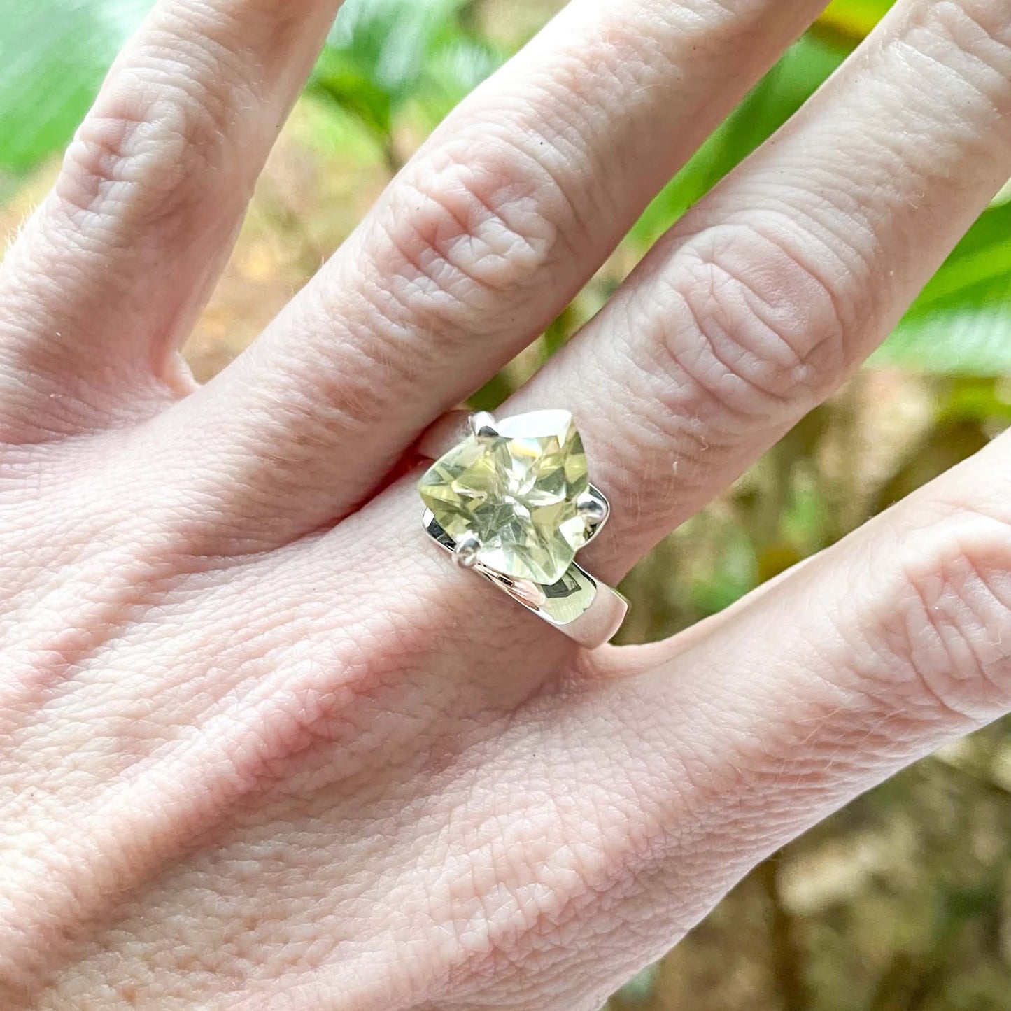 Trillion Lemon Quartz Prong Ring - Solid Sterling Silver