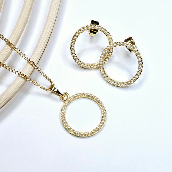 Baby Pearl Karma Circle Earring & Necklace Set - 18k Gold Filled