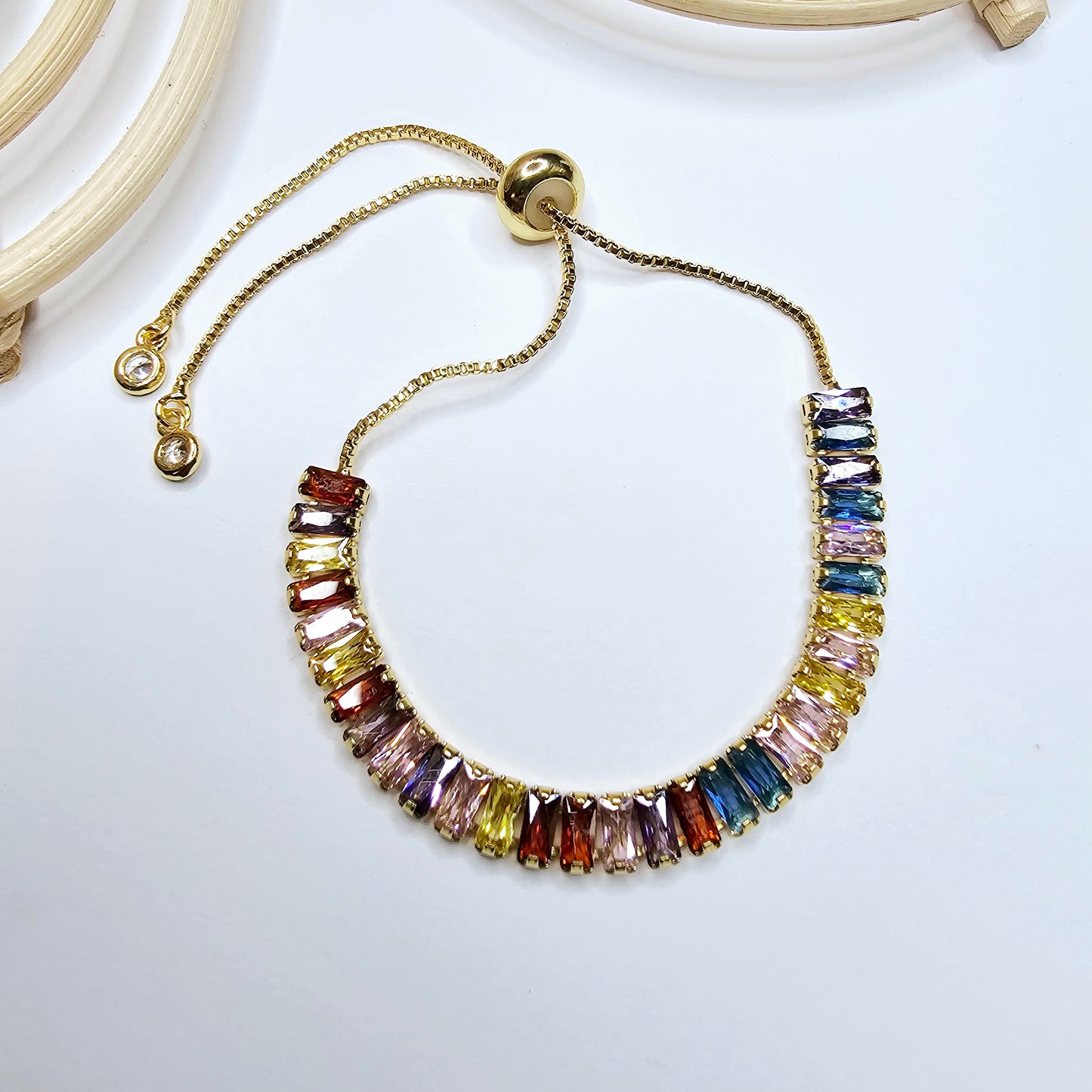 Colorful Emerald Cut CZ Bolo Adjustable Bracelet - 18k Gold Filled