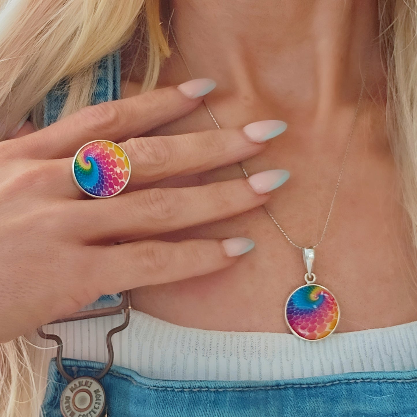 Whimsical Retro MOP Ring & Pendant - Solid Sterling Silver