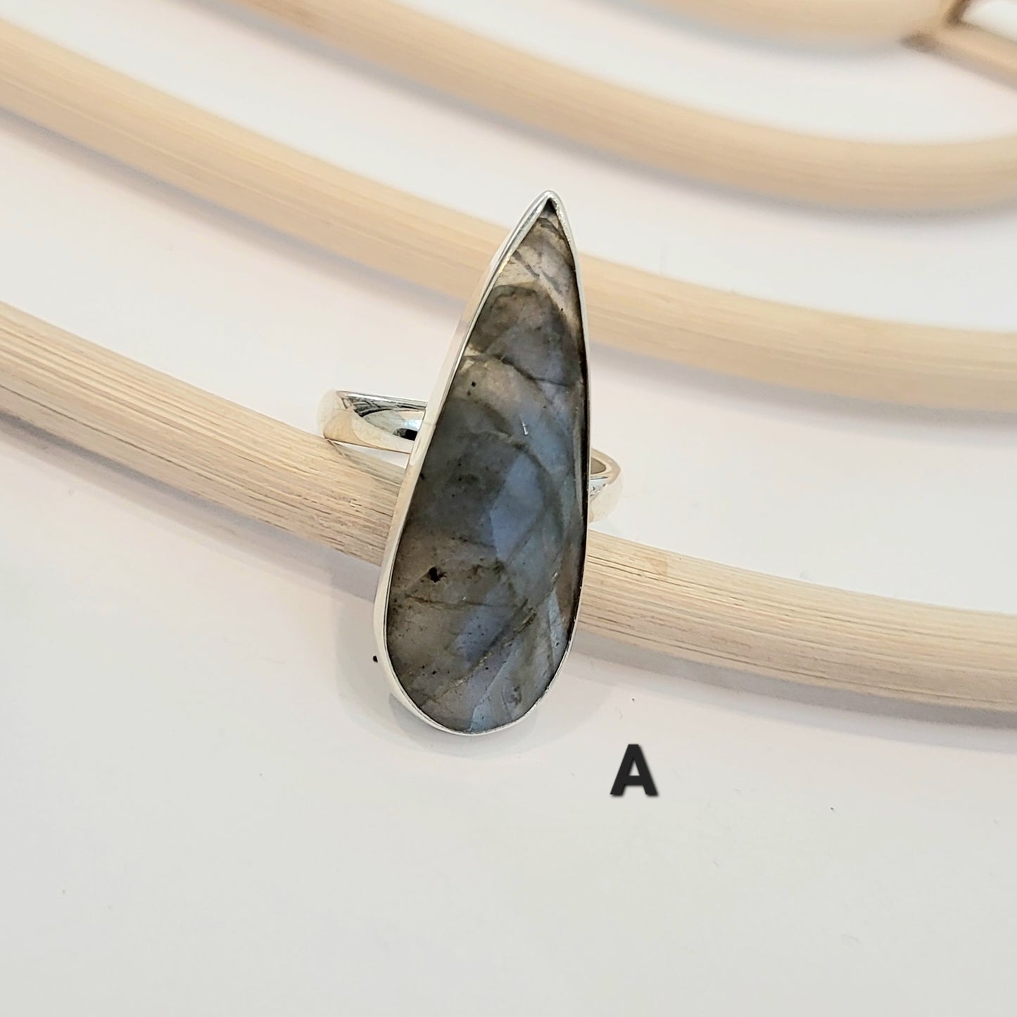 Slender Labradorite Teardrop Ring - Solid Sterling Silver