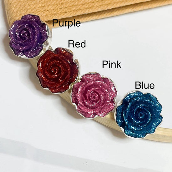 Colorful Glitter Resin Rose Ring - Solid Sterling Silver