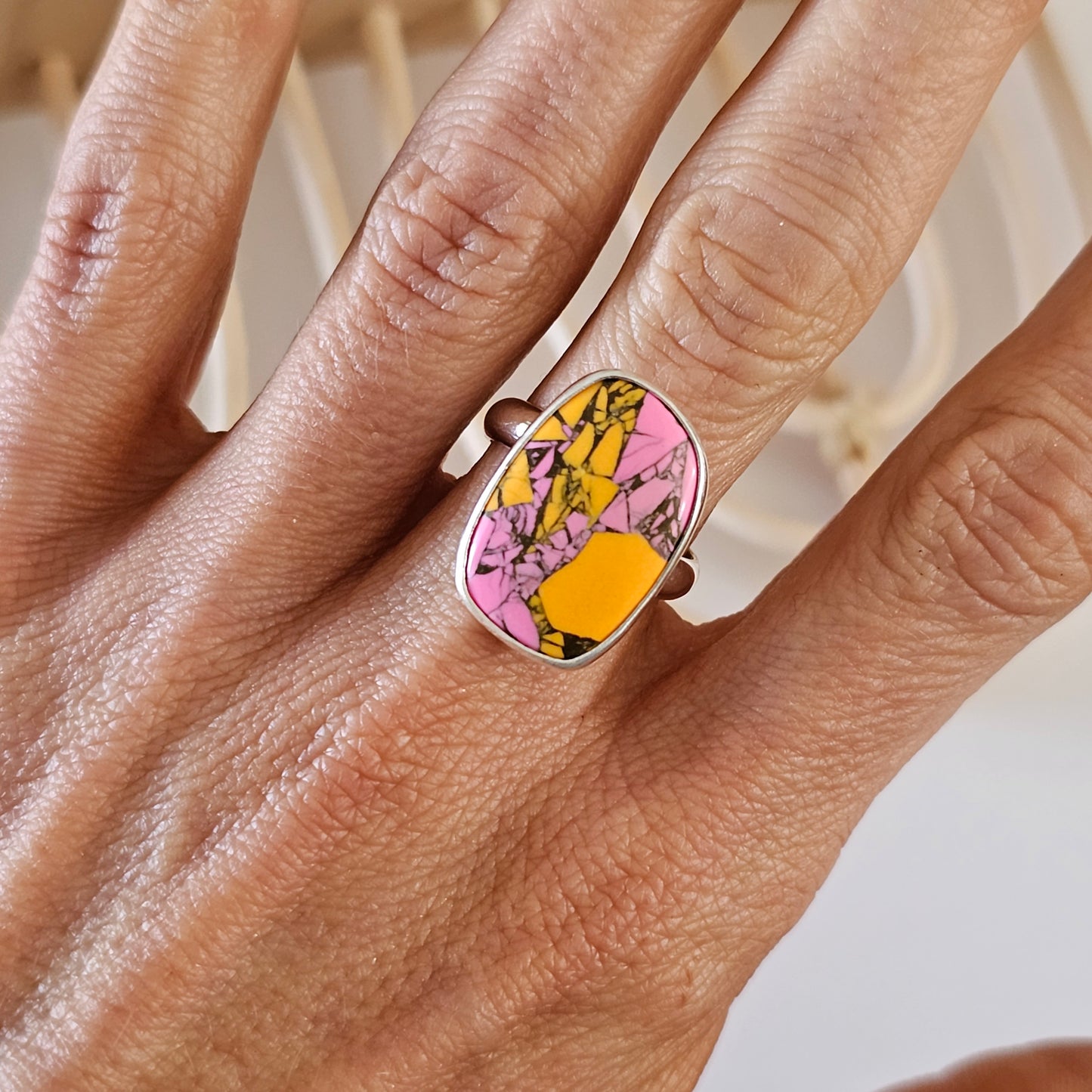 Orange & Pink Jasper Ring - Solid Sterling Silver