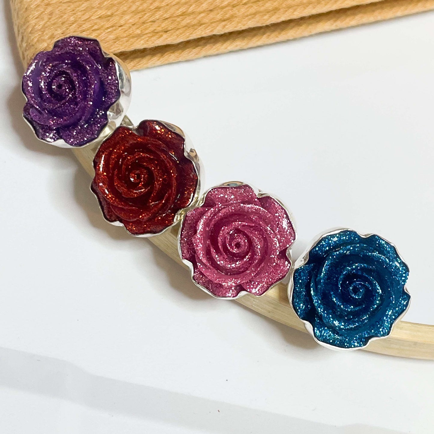 Colorful Glitter Resin Rose Ring - Solid Sterling Silver