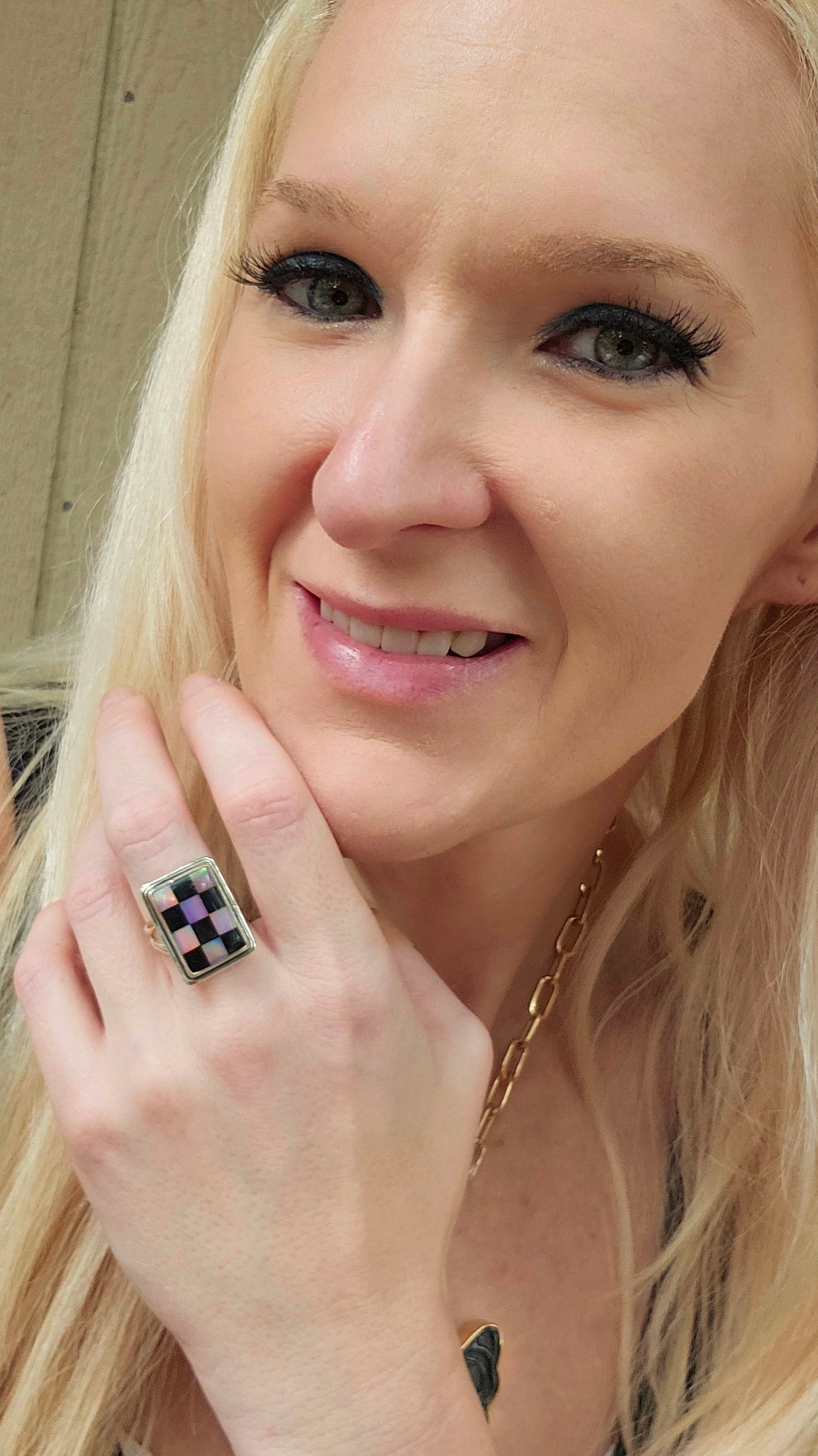 Galaxy Opal & Black Onyx Checker Ring - Solid Sterling Silver