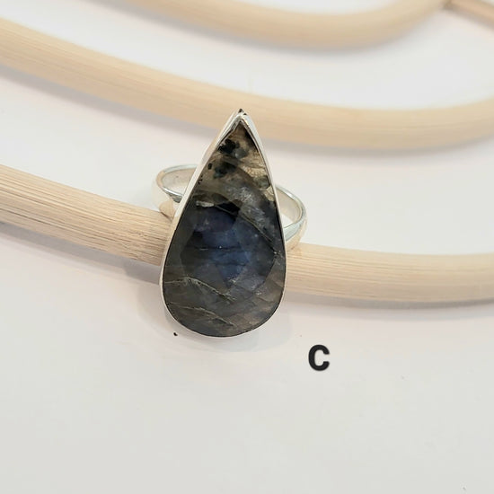 Slender Labradorite Teardrop Ring - Solid Sterling Silver