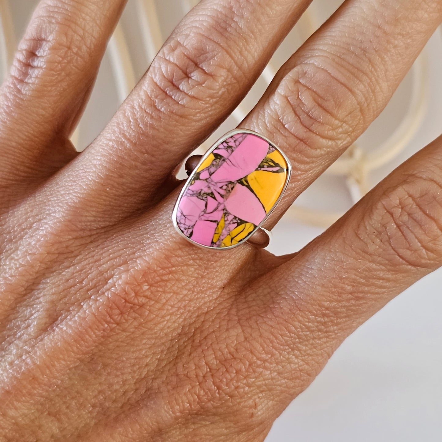 Orange & Pink Jasper Ring - Solid Sterling Silver