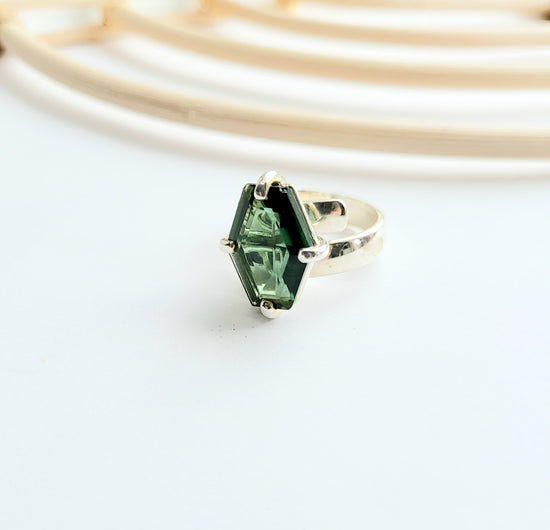 Green Glass Unique Ring - Solid Sterling Silver