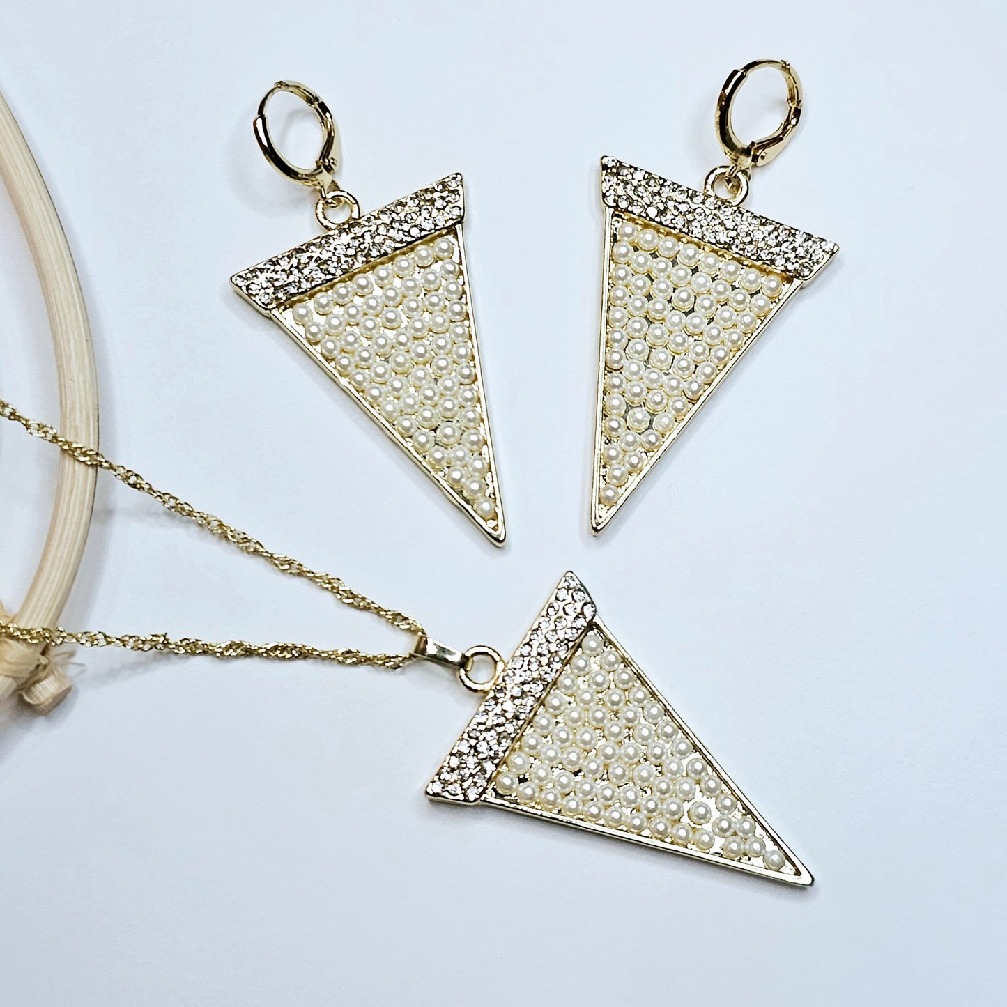 Triangle Spike Pearl & CZ Earring & Necklace Set - 18k Gold Filled