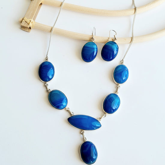 Blue Agate Necklace & Earrings Set - Solid Sterling Silver