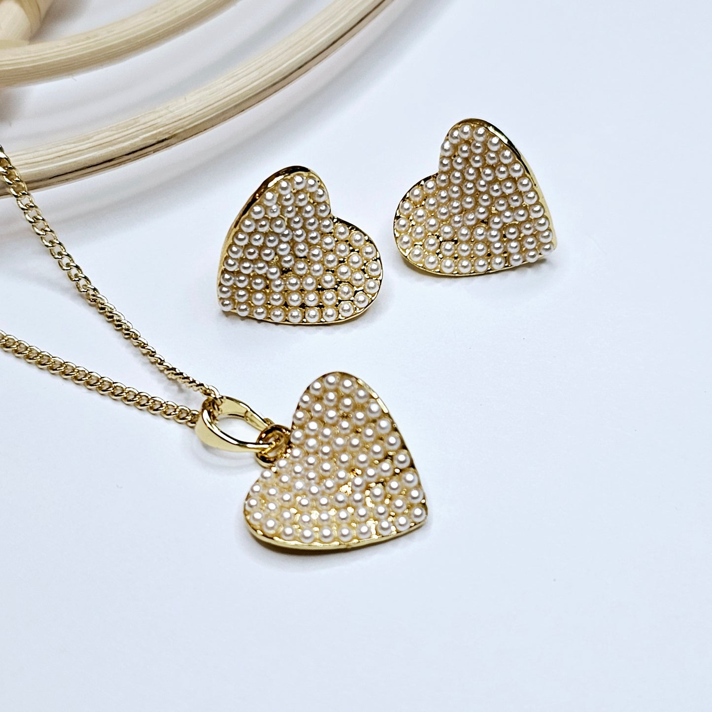 Load image into Gallery viewer, Mini Pearl Heart Earring &amp;amp; Necklace Set - 18k Gold Filled
