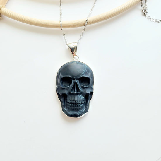 Obsidian Skull Pendant - Solid Sterling Silver