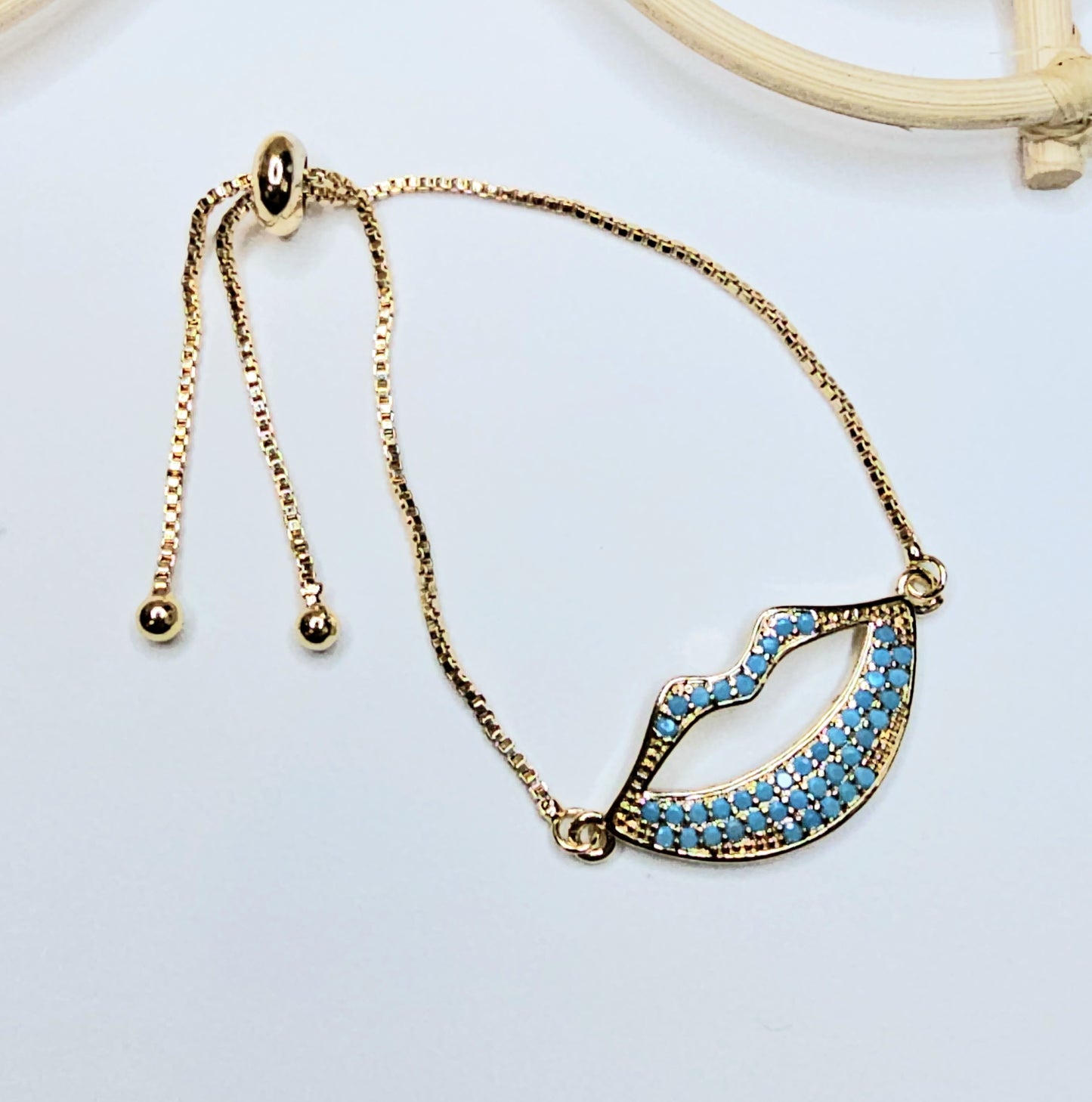 Turquoise Lips CZ Bolo Adjustable Bracelet - 18k Gold Filled