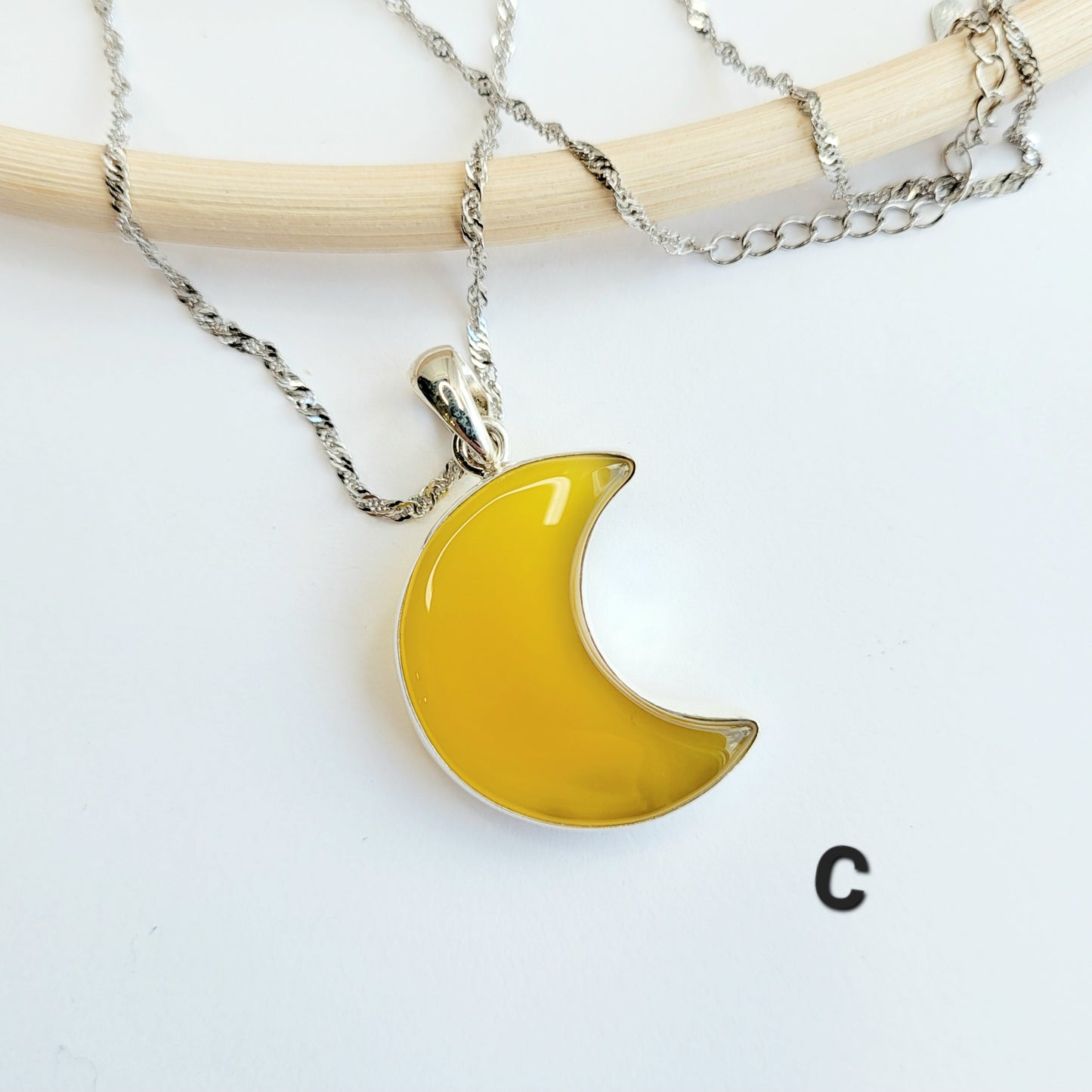 Yellow Chalcedony Onyx Crescent Moon Pendant - Solid Sterling Silver