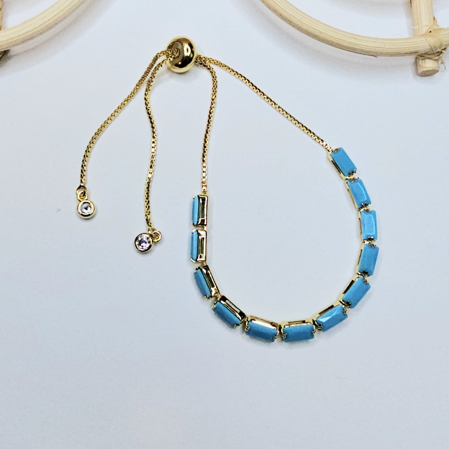 Turquoise CZ Bolo Adjustable Bracelet - 18k Gold Filled