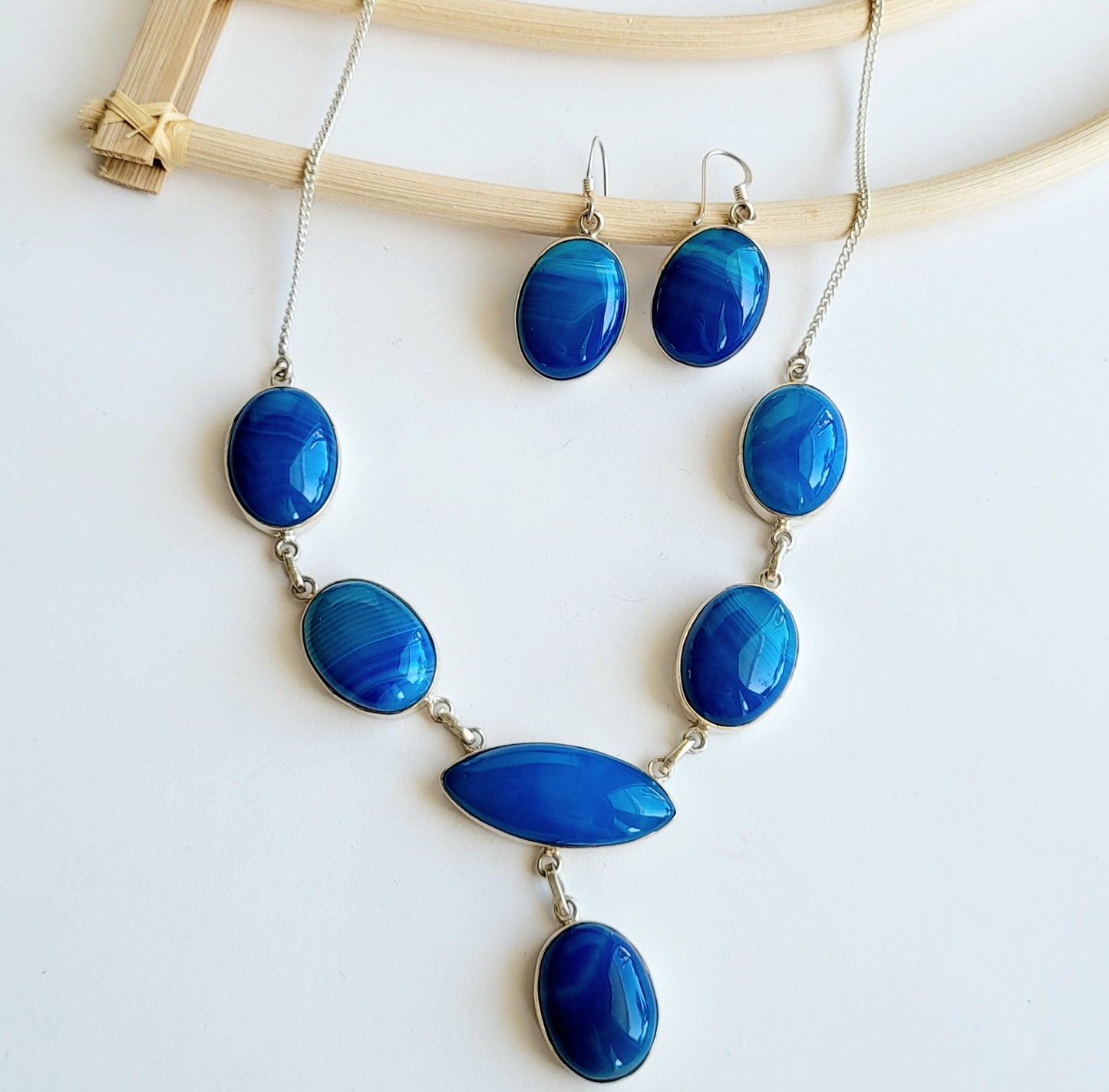 Blue Agate Necklace & Earrings Set - Solid Sterling Silver