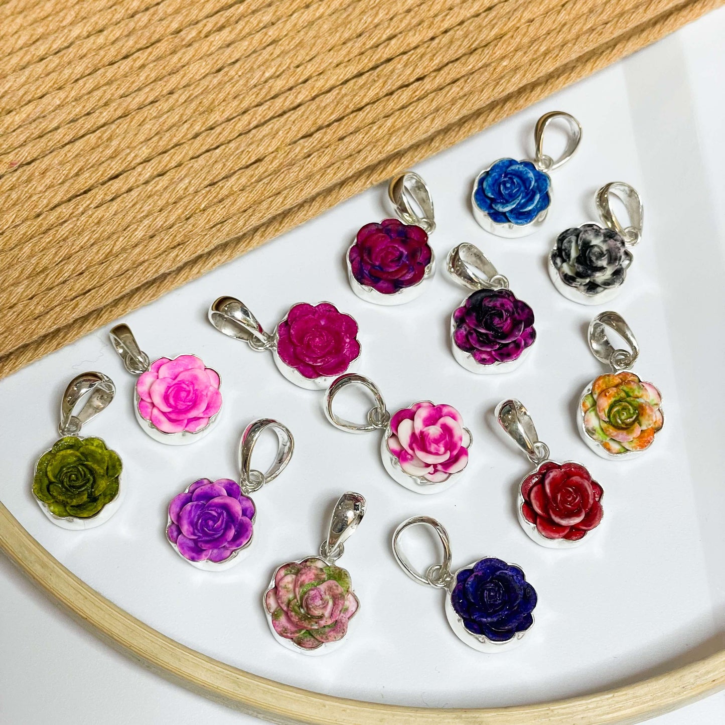 Colorful Resin Rose Charm - Solid Sterling Silver