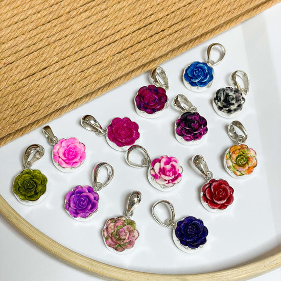 Colorful Resin Rose Charm - Solid Sterling Silver