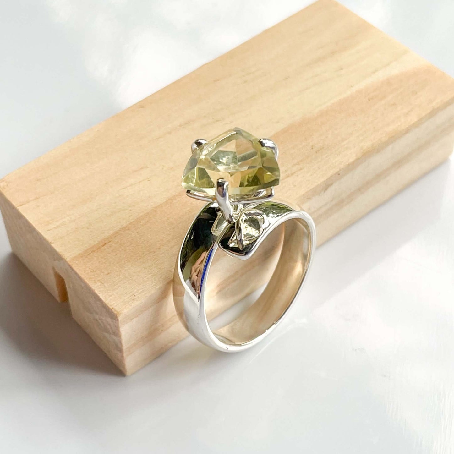 Trillion Lemon Quartz Prong Ring - Solid Sterling Silver