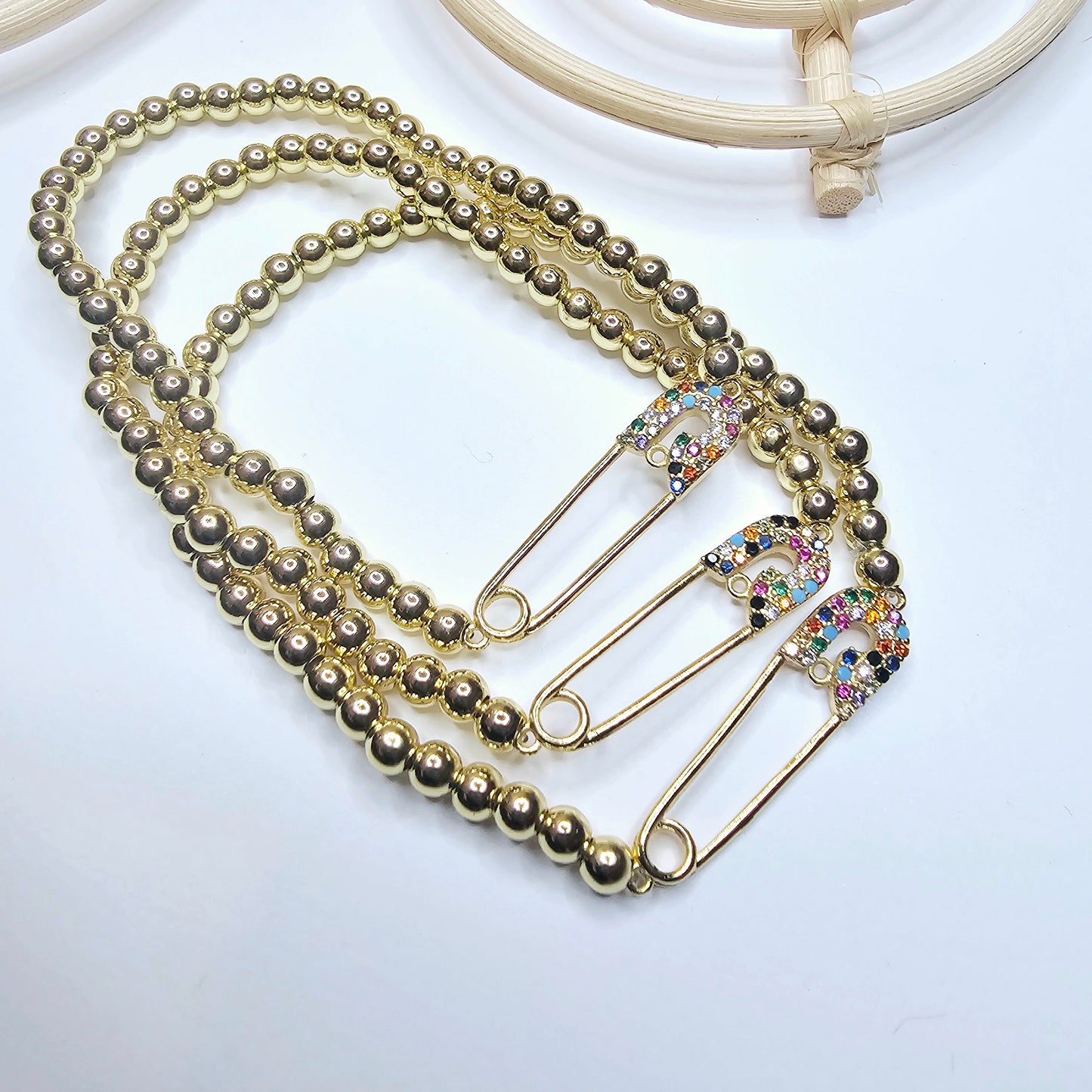 Colorful Saftey Pin CZ Stretch Bracelet - 18k Gold Filled