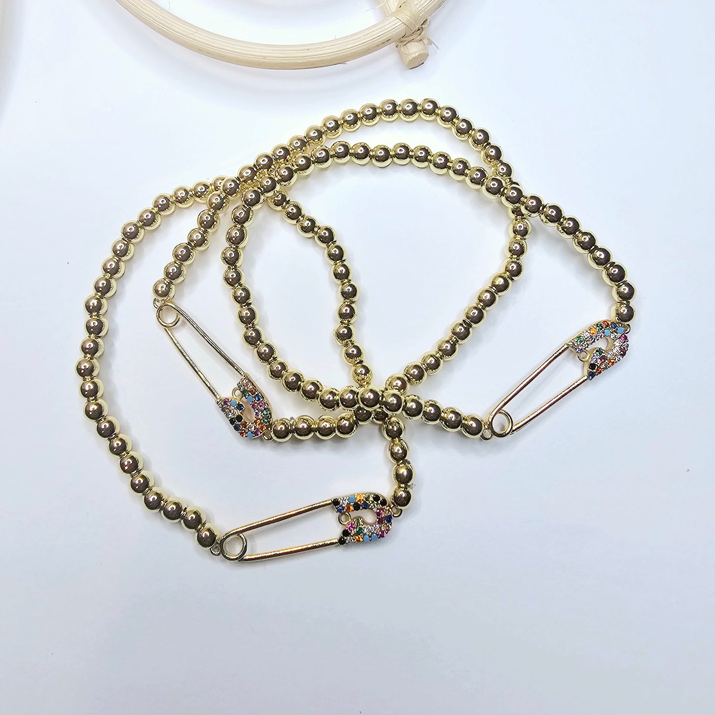Colorful Saftey Pin CZ Stretch Bracelet - 18k Gold Filled