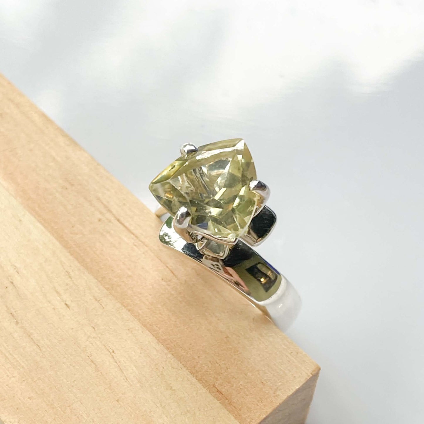 Trillion Lemon Quartz Prong Ring - Solid Sterling Silver