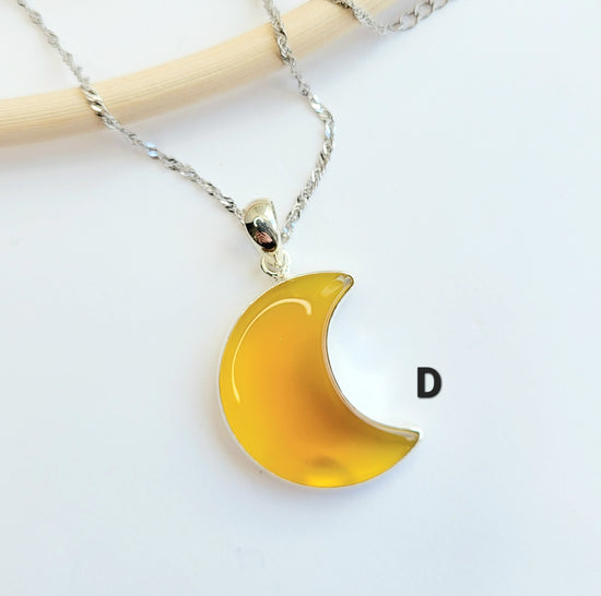 Yellow Chalcedony Onyx Crescent Moon Pendant - Solid Sterling Silver