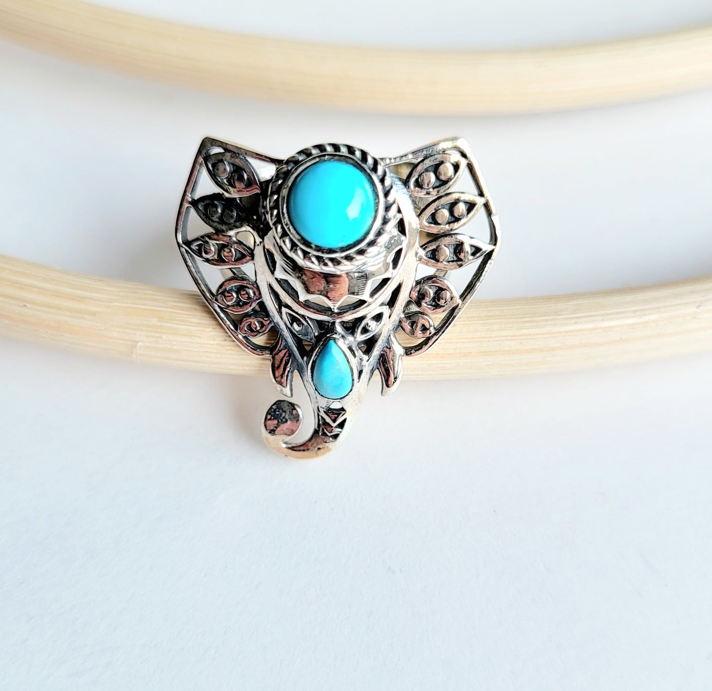 Turquoise Elephant Adjustable Ring - Solid Sterling Silver