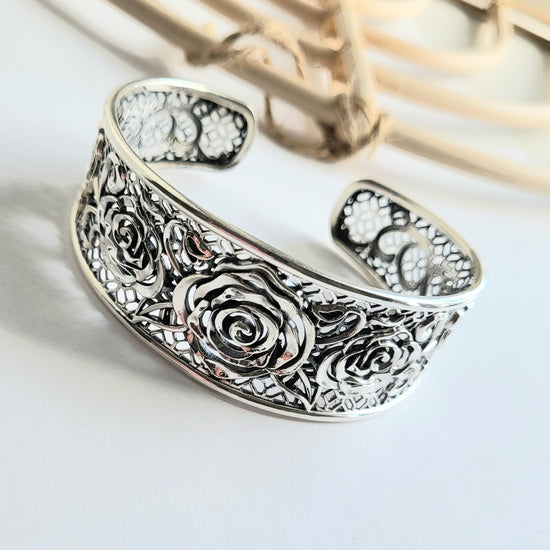 Statement Rose Cuff - Solid Sterling Silver