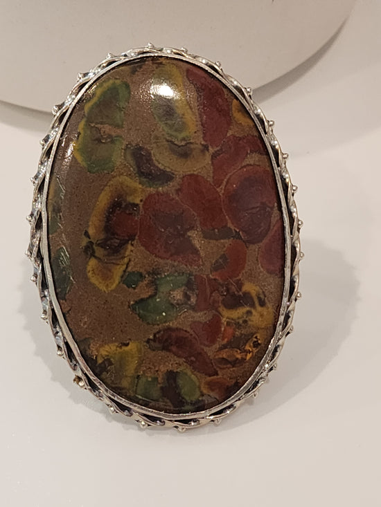 Rainforest Jasper Flex Cuff Statement Ring  -  Solid Sterling Silver