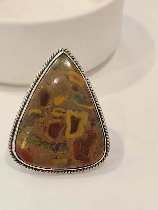 Rainforest Jasper Flex Cuff Statement Ring  -  Solid Sterling Silver