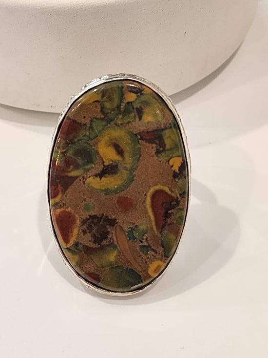 Rainforest Jasper Flex Cuff Statement Ring  -  Solid Sterling Silver
