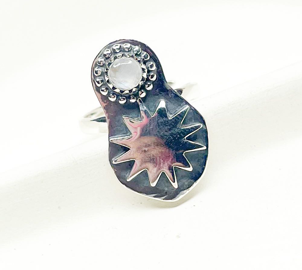 Rainbow Moonstone & Sun Adjustable Ring-Solid Sterling Silver